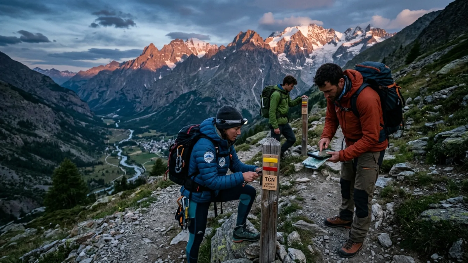 Équipe sur le terrain et sentiers alpins